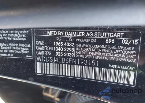 2015 Mercedes-Benz Cla 250 from USA, damaged, VIN WDDSJ4EB6FN193151